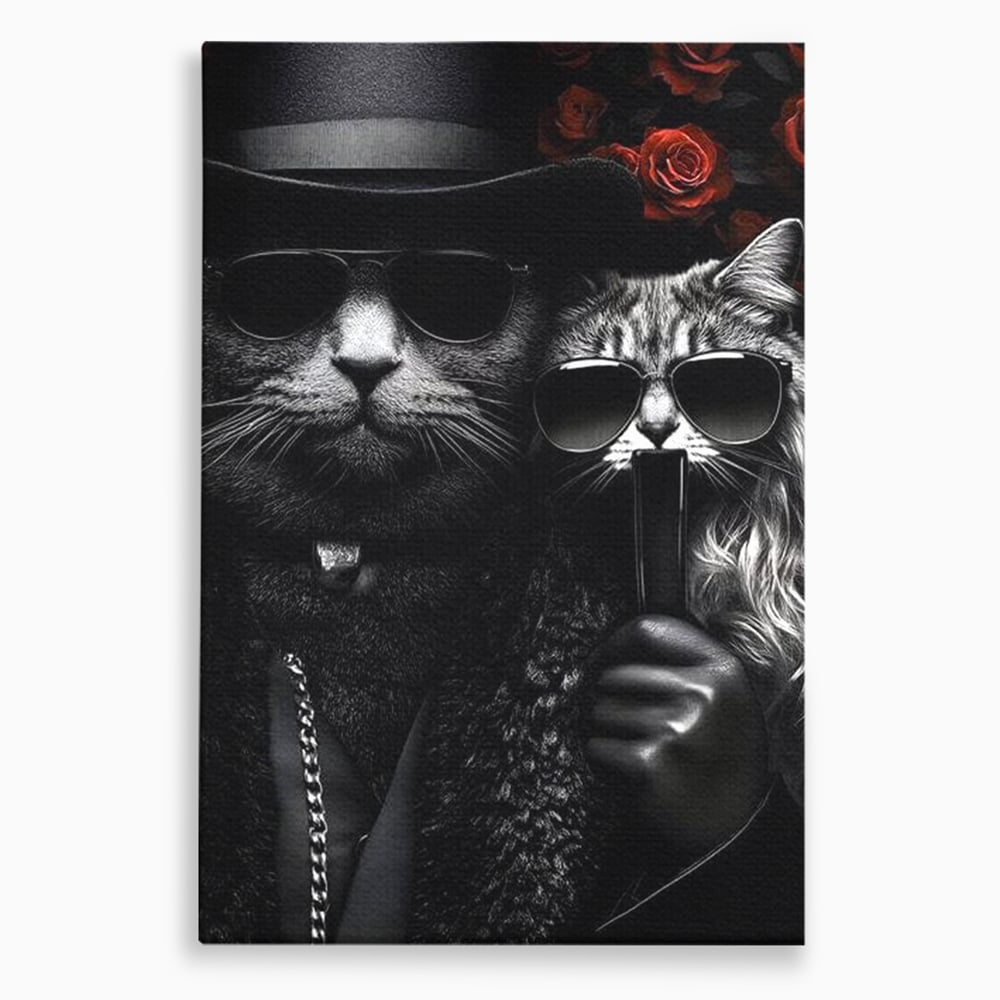 Tablou canvas cu tablou canvas cu pisici gangster in ochelari, fara rama, pe sasiu de lemn